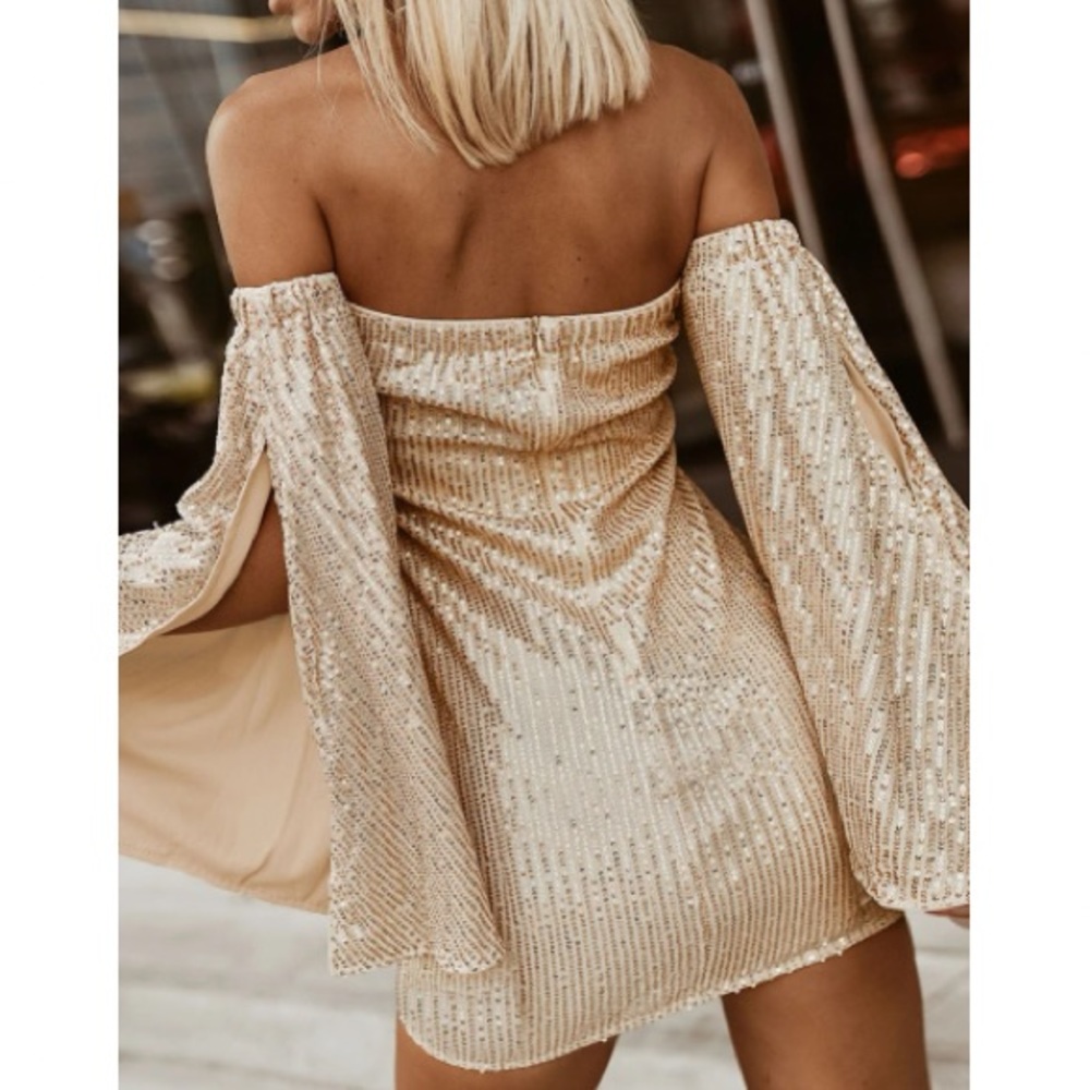 Luxe off shoulder slit sleeve party holidays formal sequins mini dress - Picture 3 of 5